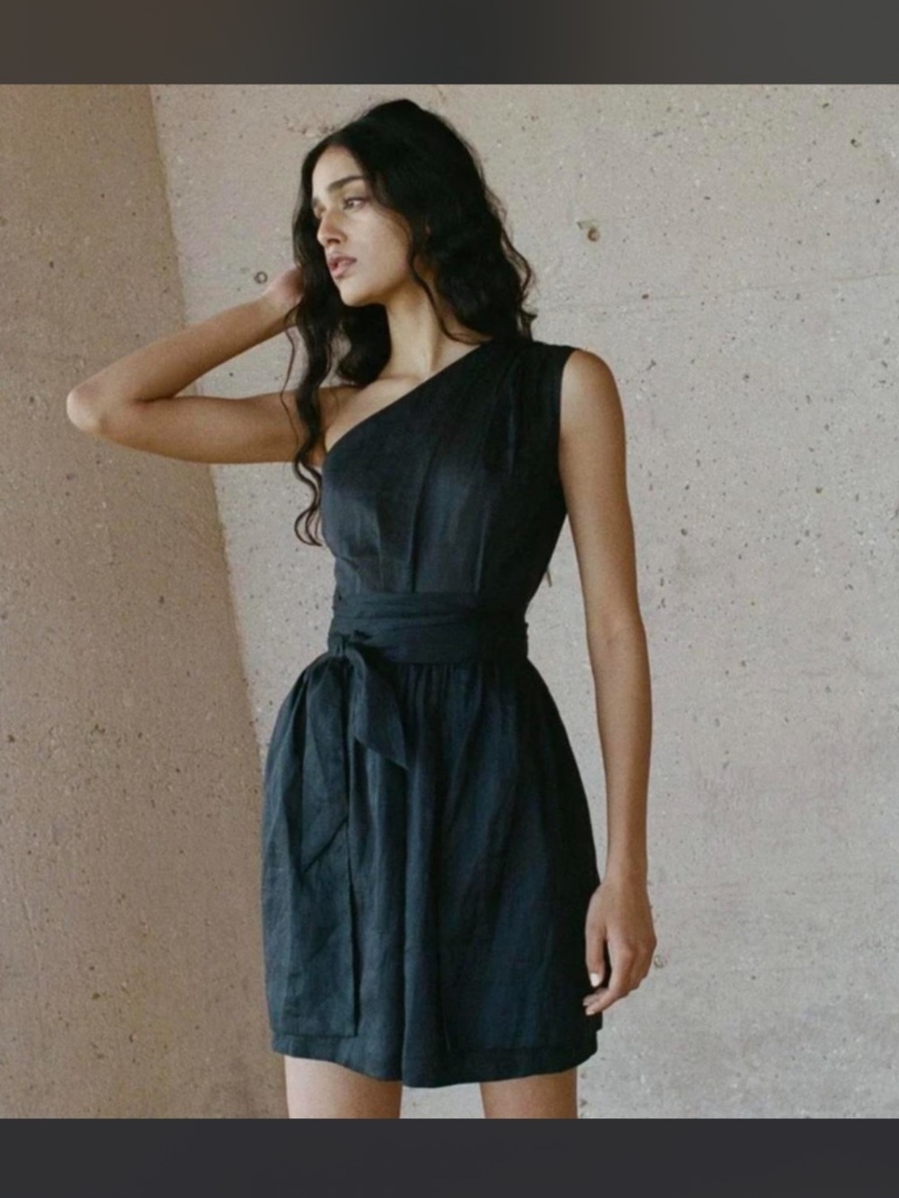 Doen Yvonne One-Shoulder Black Linen Mini Dress with Waist Tie